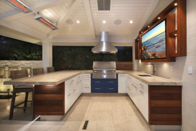 WD Series Infratech heaters above outdoor dining/kitchen area