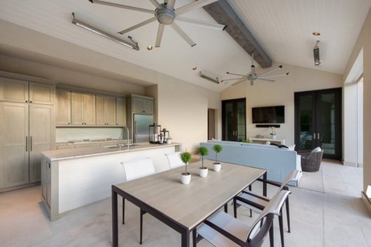 3 Slimline Infratech heaters in a white indoor/outdoor kitchen