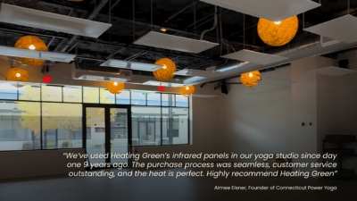 Yoga studio with the quote "We've used Heating Green's infrared panels in our yoga studio since day one 9 years ago. The purchase process was seamless, customer service outstanding, and the heat is perfect. Highly recommend Heating Green" Aimee Elsner, Founder of Connecticut Power Yoga